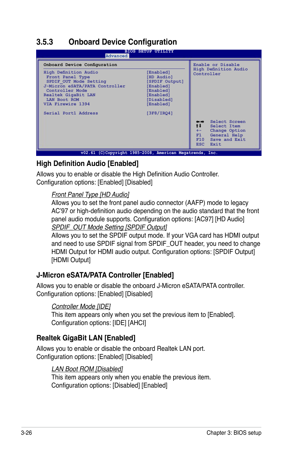 3 onboard device configuration, Onboard device configuration -26, High definition audio [enabled | J-micron esata/pata controller [enabled, Realtek gigabit lan [enabled | Asus P5Q3 User Manual | Page 92 / 172