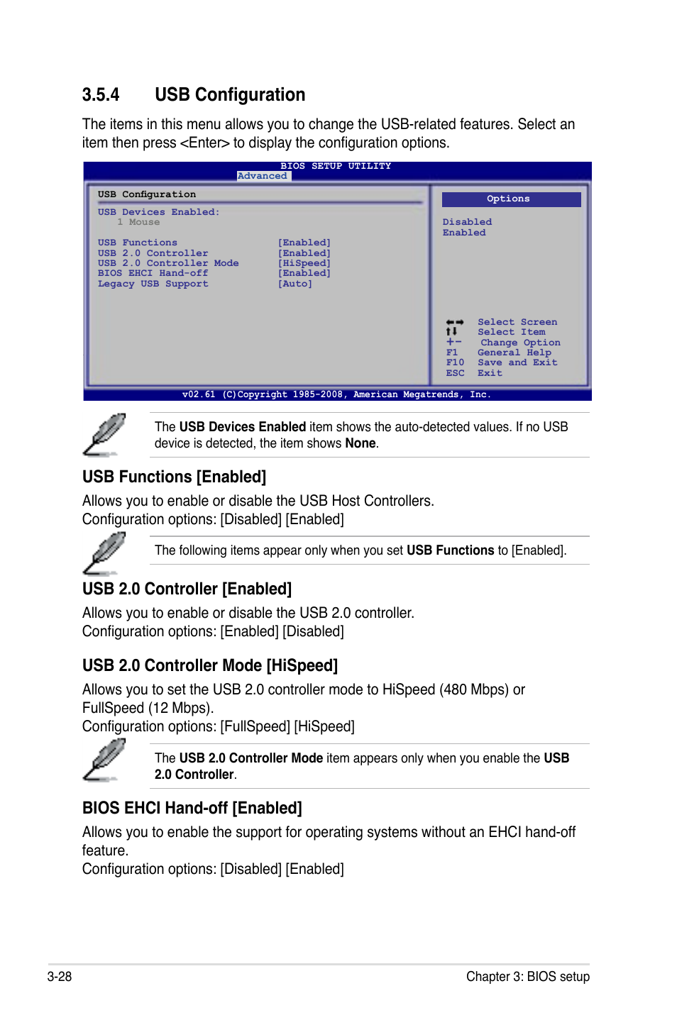 4 usb configuration, Usb configuration -28, Usb functions [enabled | Usb 2.0 controller [enabled, Usb 2.0 controller mode [hispeed, Bios ehci hand-off [enabled | Asus P5Q3 User Manual | Page 94 / 172