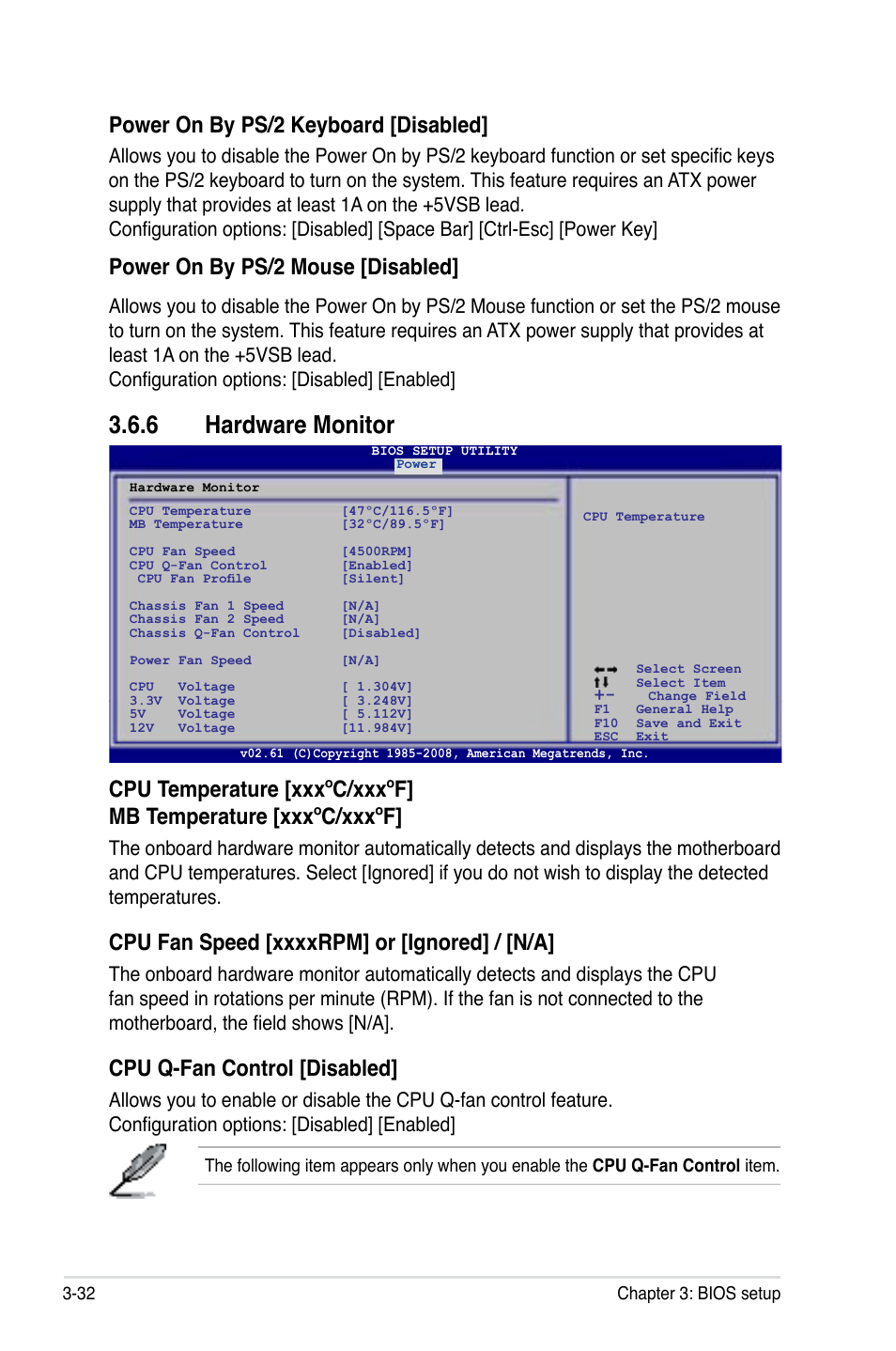 6 hardware monitor, Hardware monitor -32, Power on by ps/2 keyboard [disabled | Power on by ps/2 mouse [disabled, Cpu q-fan control [disabled | Asus P5Q3 User Manual | Page 98 / 172