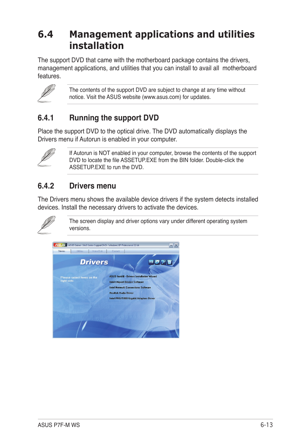 1 running the support dvd, 2 drivers menu, Running the support dvd -13 | Drivers menu -13 | Asus P7F-M WS User Manual | Page 117 / 122