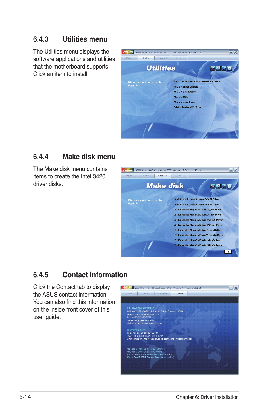 3 utilities menu, 4 make disk menu, 5 contact information | Utilities menu -14, Make disk menu -14, Contact information -14 | Asus P7F-M WS User Manual | Page 118 / 122