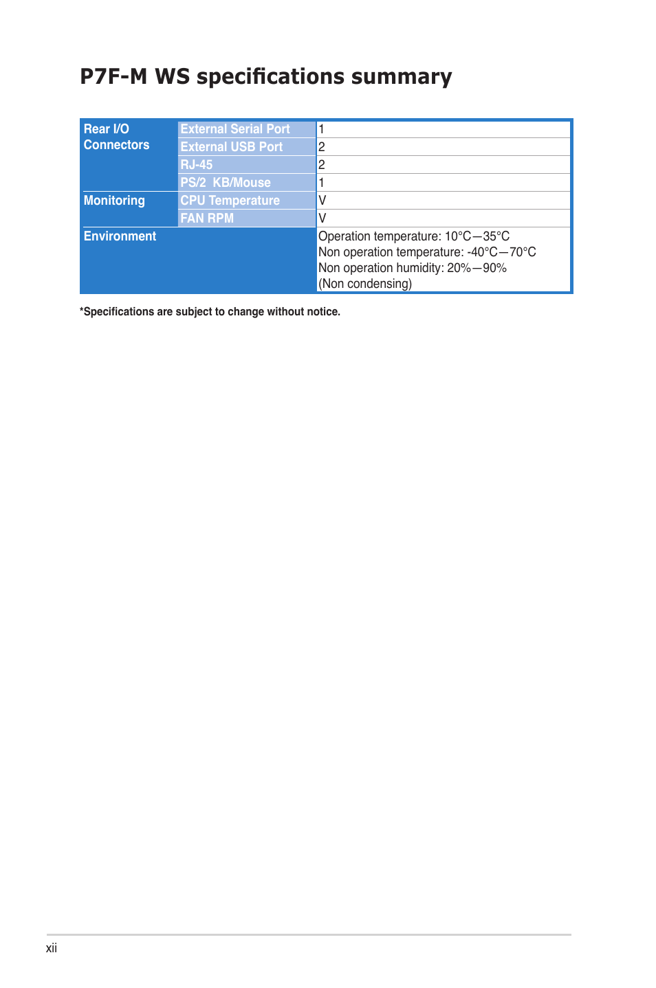 P7f-m ws specifications summary | Asus P7F-M WS User Manual | Page 12 / 122