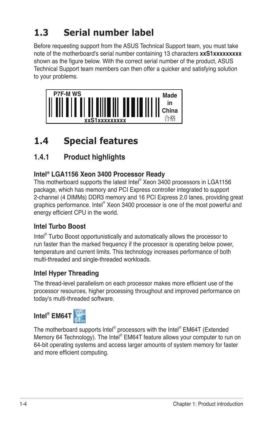 3 serial number label, 4 special features, 1 product highlights | Serial number label -4, Special features -4 1.4.1, Product highlights -4 | Asus P7F-M WS User Manual | Page 16 / 122