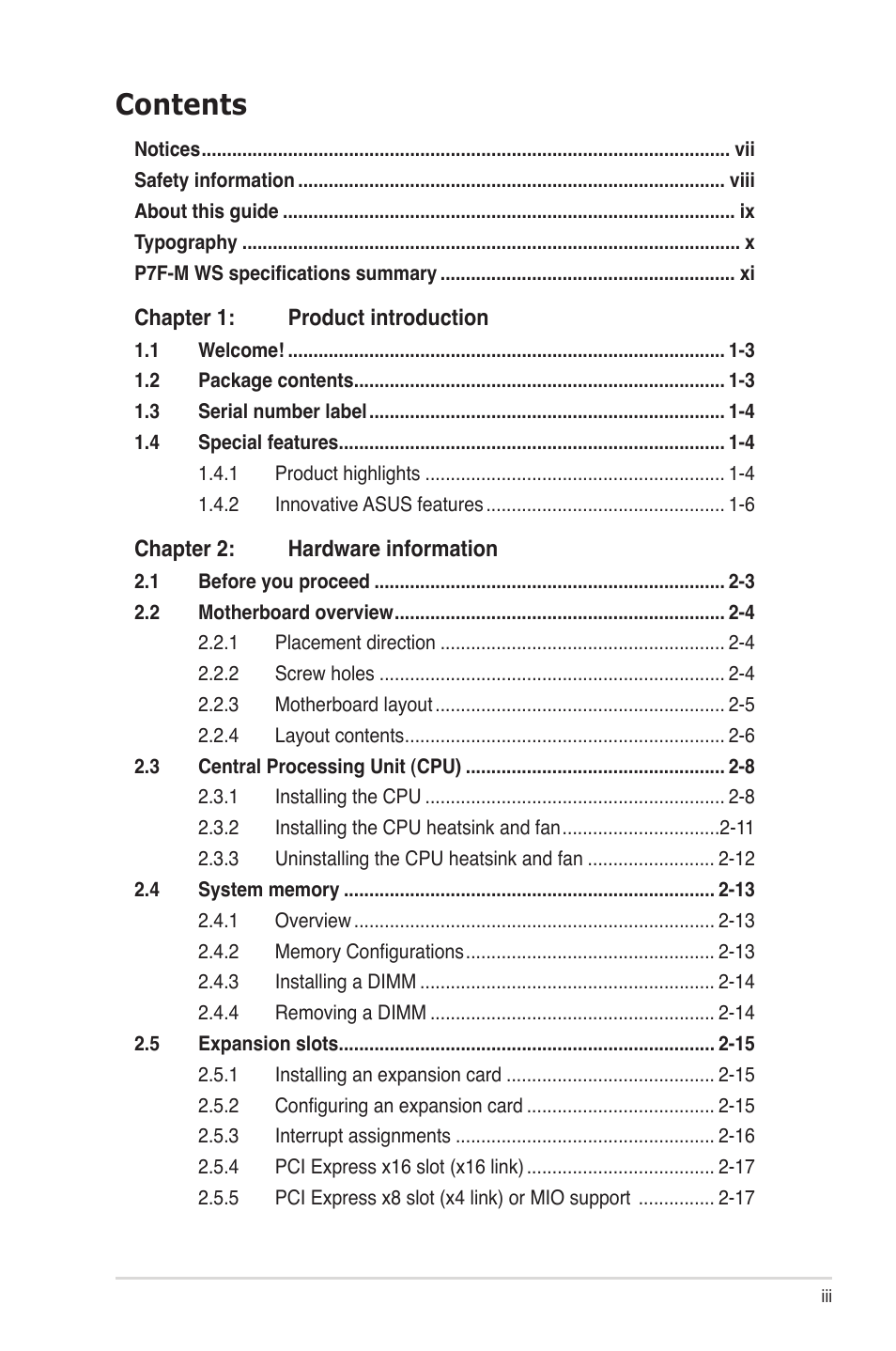 Asus P7F-M WS User Manual | Page 3 / 122