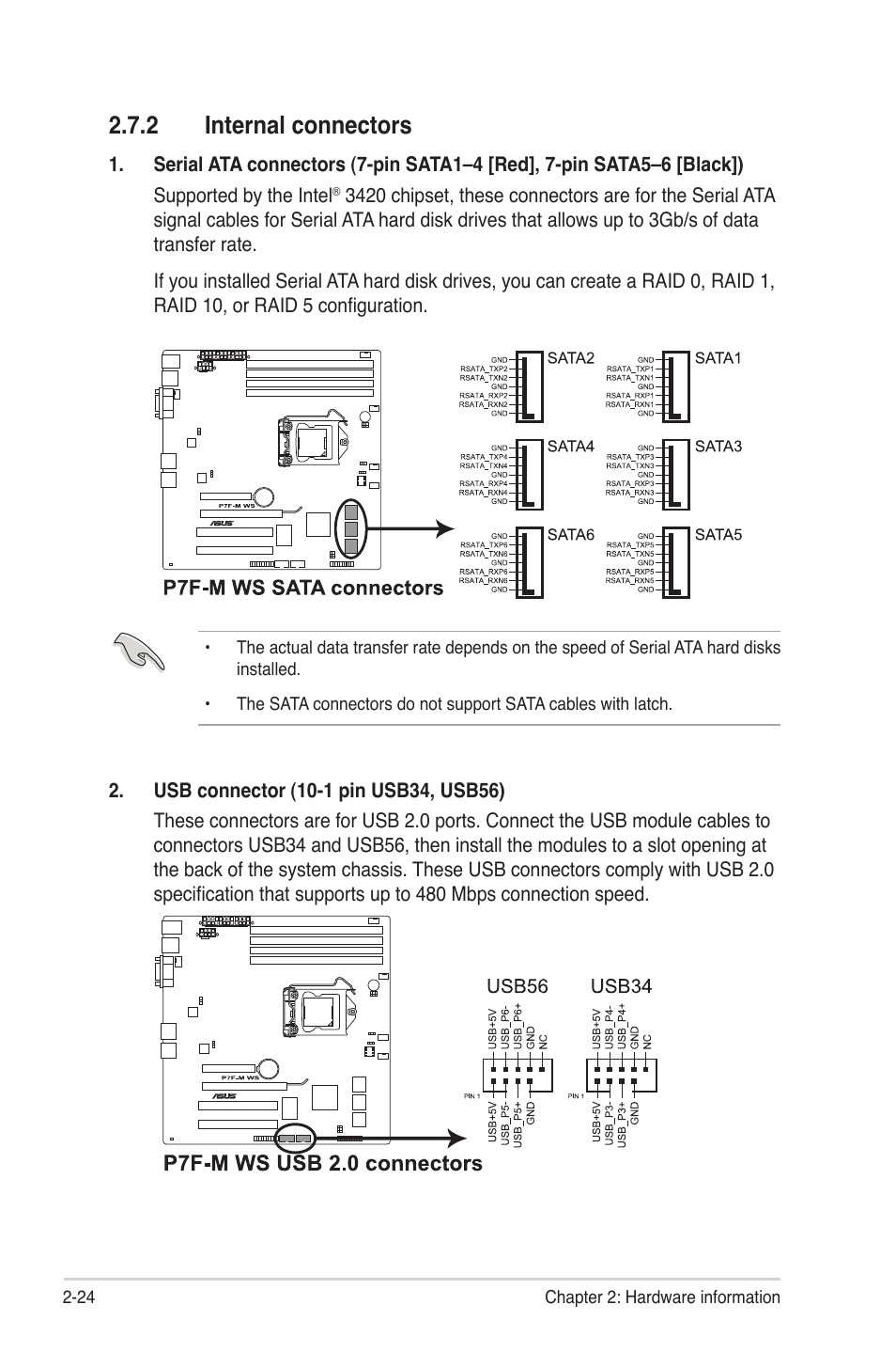 2 internal connectors, Internal connectors -24 | Asus P7F-M WS User Manual | Page 42 / 122