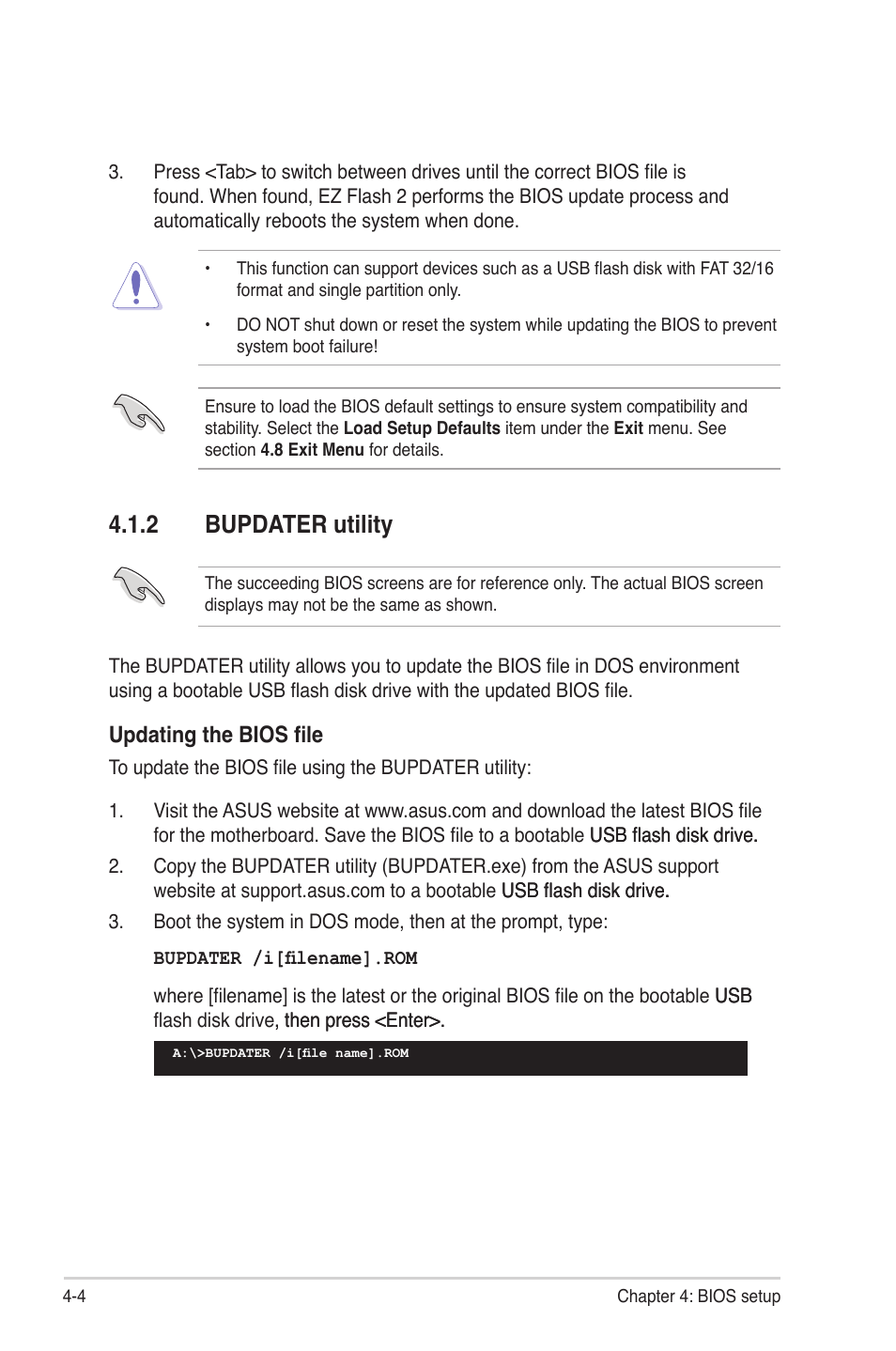 2 bupdater utility, Bupdater utility -4, Updating the bios file | Asus P7F-M WS User Manual | Page 56 / 122