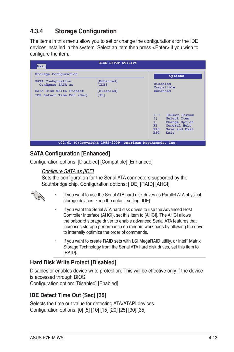 4 storage configuration, Storage configuration -13, Sata configuration [enhanced | Hard disk write protect [disabled, Ide detect time out (sec) [35 | Asus P7F-M WS User Manual | Page 65 / 122