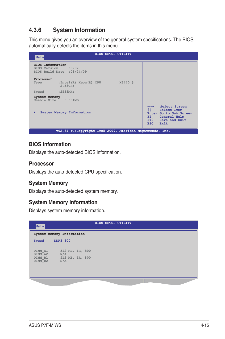 6 system information, System information -15, Bios information | Processor, Displays the auto-detected bios information, Displays the auto-detected cpu specification | Asus P7F-M WS User Manual | Page 67 / 122