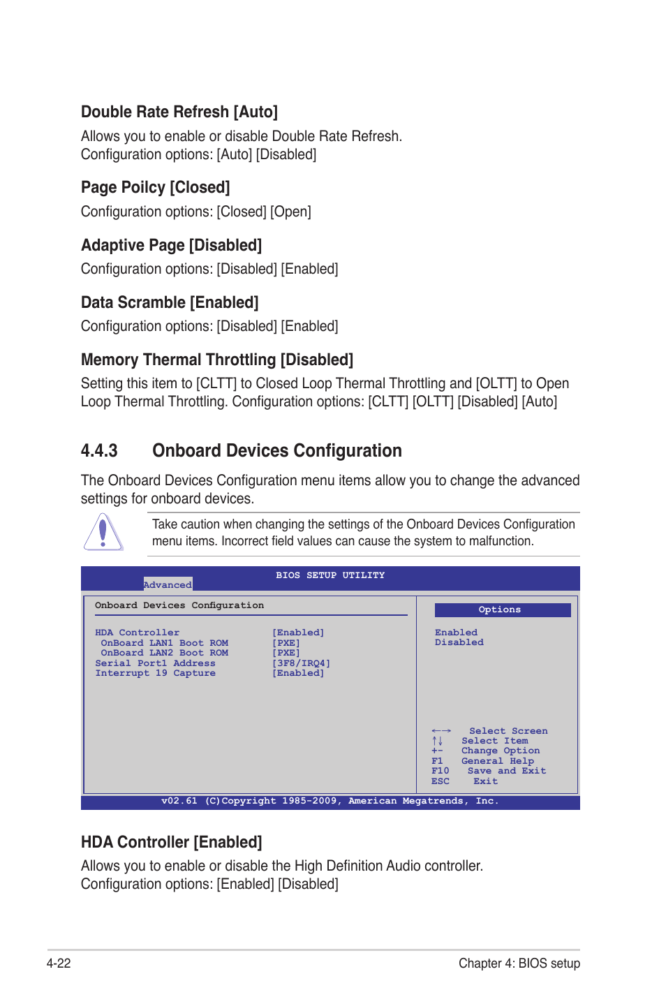 3 onboard devices configuration, Onboard devices configuration -22, Double rate refresh [auto | Page poilcy [closed, Adaptive page [disabled, Data scramble [enabled, Hda controller [enabled, Configuration options: [closed] [open, Configuration options: [disabled] [enabled | Asus P7F-M WS User Manual | Page 74 / 122