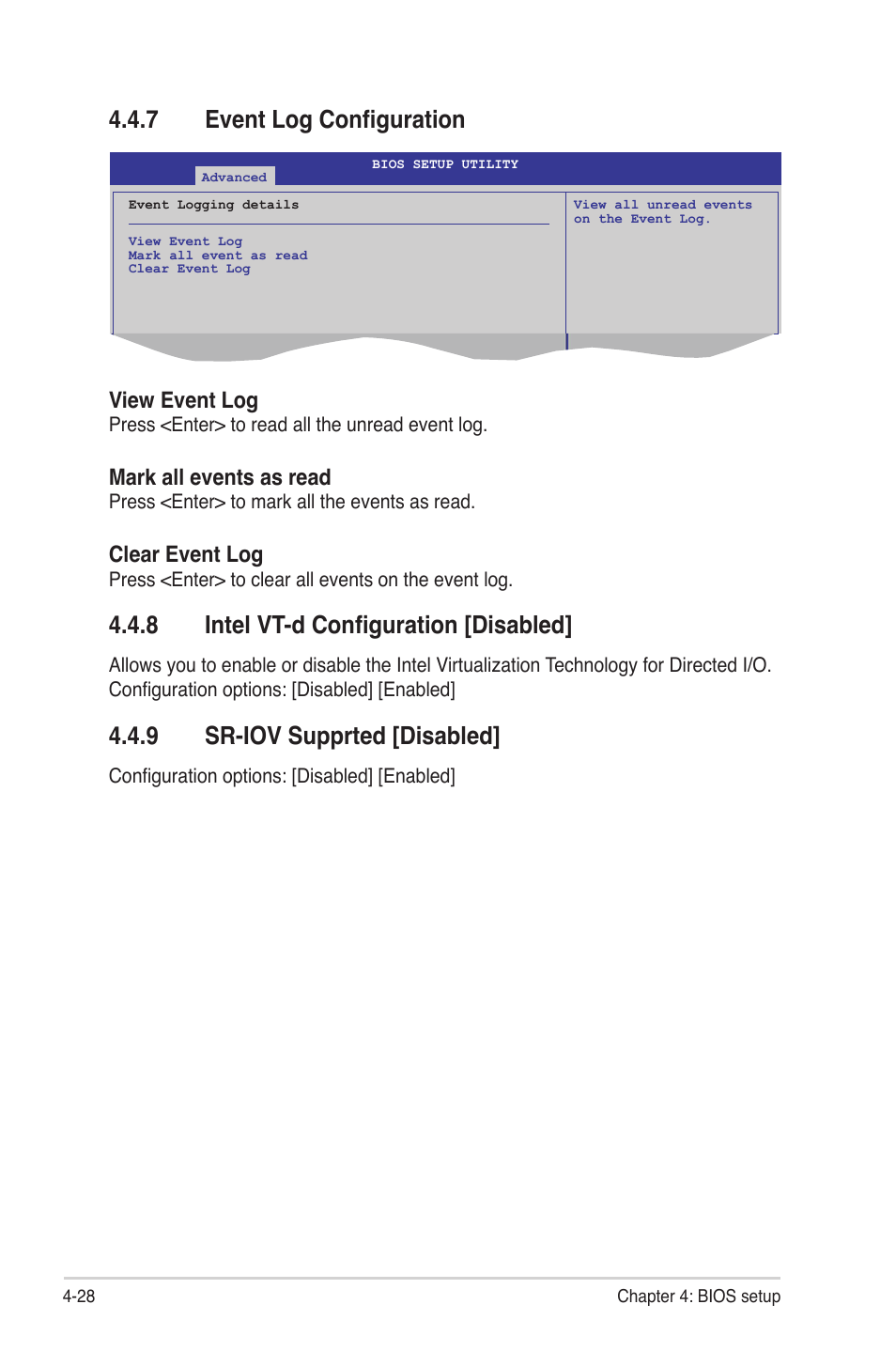 7 event log configuration, 8 intel vt-d configuration [disabled, 9 sr-iov supprted [disabled | Event log configuration -28, Intel vt-d configuration -28, Sr-iov supprted -28, View event log, Mark all events as read, Clear event log | Asus P7F-M WS User Manual | Page 80 / 122