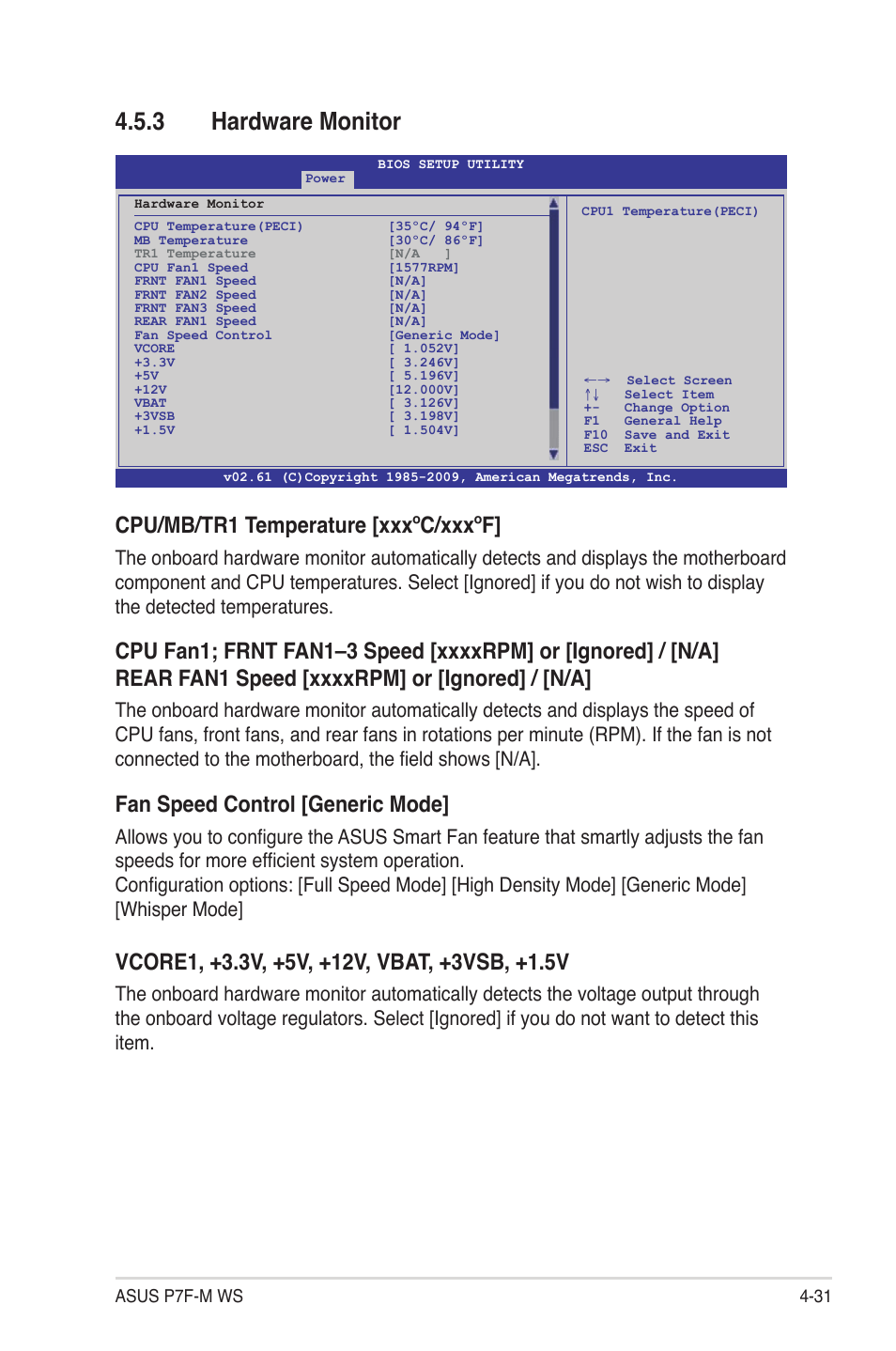 3 hardware monitor, Hardware monitor -31, Cpu/mb/tr1 temperature [xxxºc/xxxºf | Fan speed control [generic mode | Asus P7F-M WS User Manual | Page 83 / 122