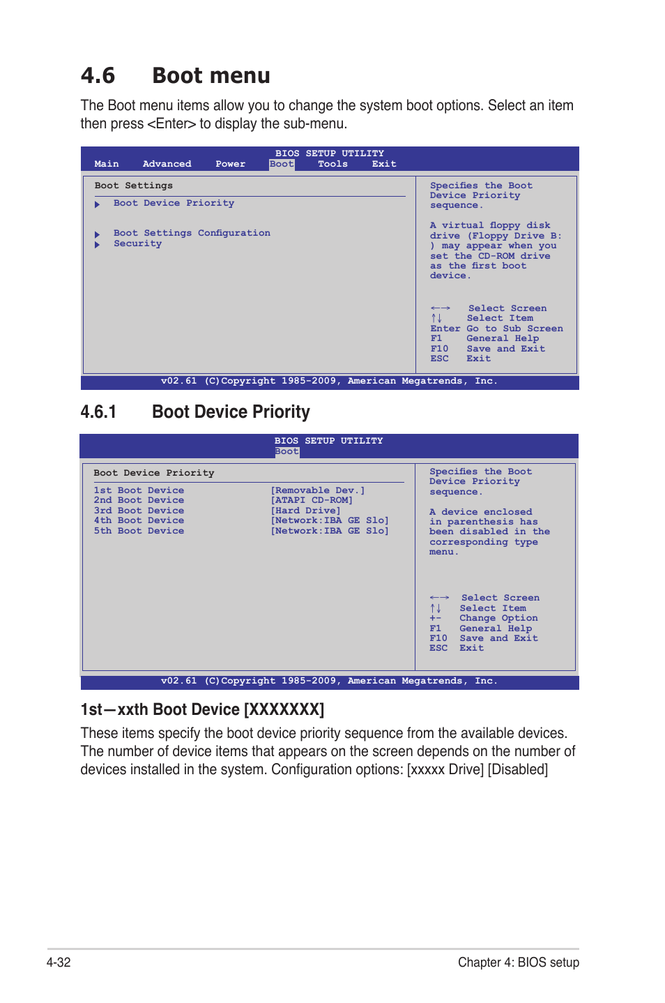 6 boot menu, 1 boot device priority, Boot menu -32 4.6.1 | Boot device priority -32, 32 chapter 4: bios setup | Asus P7F-M WS User Manual | Page 84 / 122