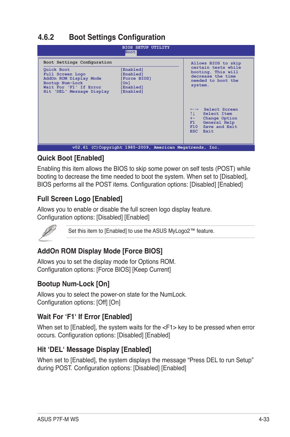 2 boot settings configuration, Boot settings configuration -33, Quick boot [enabled | Full screen logo [enabled, Addon rom display mode [force bios, Bootup num-lock [on, Wait for ‘f1‘ if error [enabled, Hit ‘del‘ message display [enabled | Asus P7F-M WS User Manual | Page 85 / 122