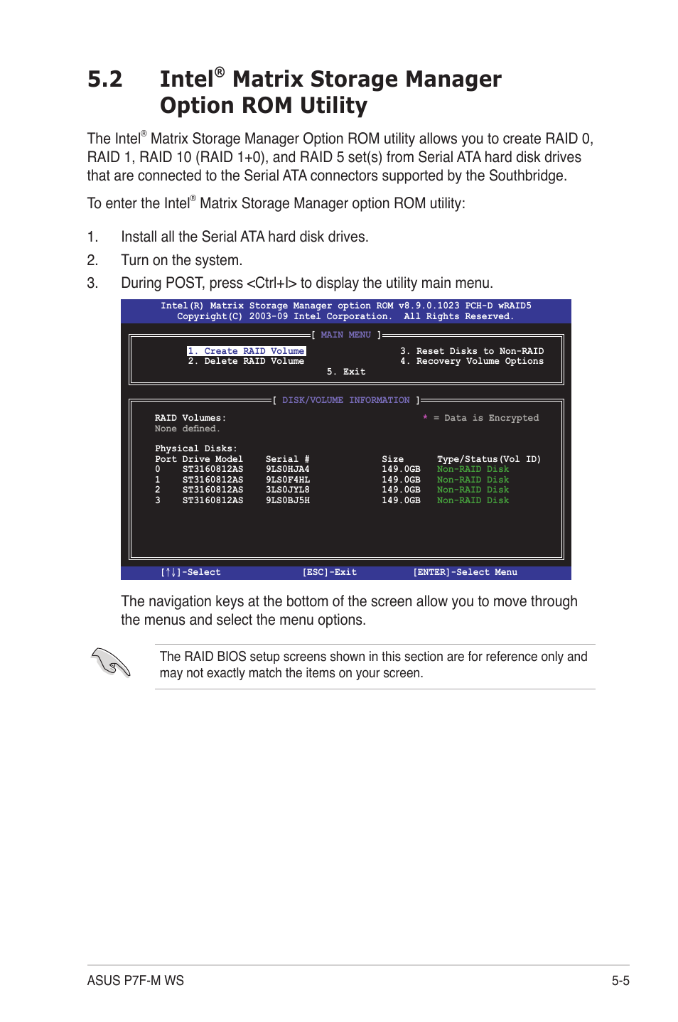 2 intel® matrix storage manager option rom utility, Intel, Matrix storage manager option rom utility -5 | 2 intel, Matrix storage manager option rom utility, The intel | Asus P7F-M WS User Manual | Page 95 / 122
