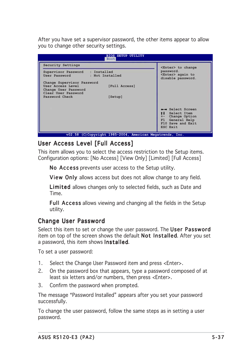 User access level [full access, Change user password | Asus RS120-E3/PA2 User Manual | Page 101 / 168