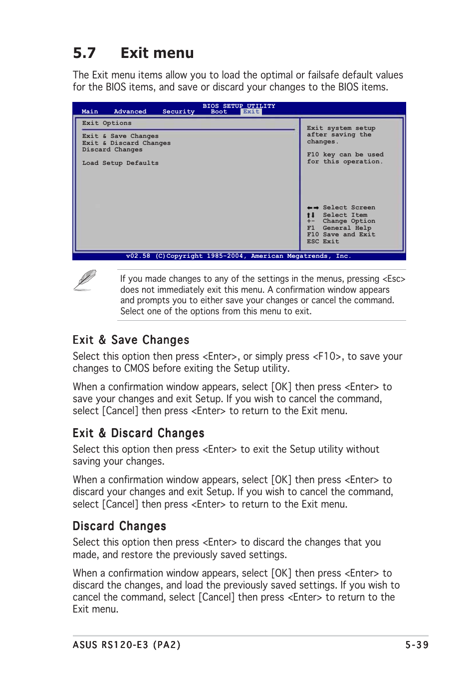 7 exit menu, Exit & save changes, Exit & discard changes | Discard changes | Asus RS120-E3/PA2 User Manual | Page 103 / 168