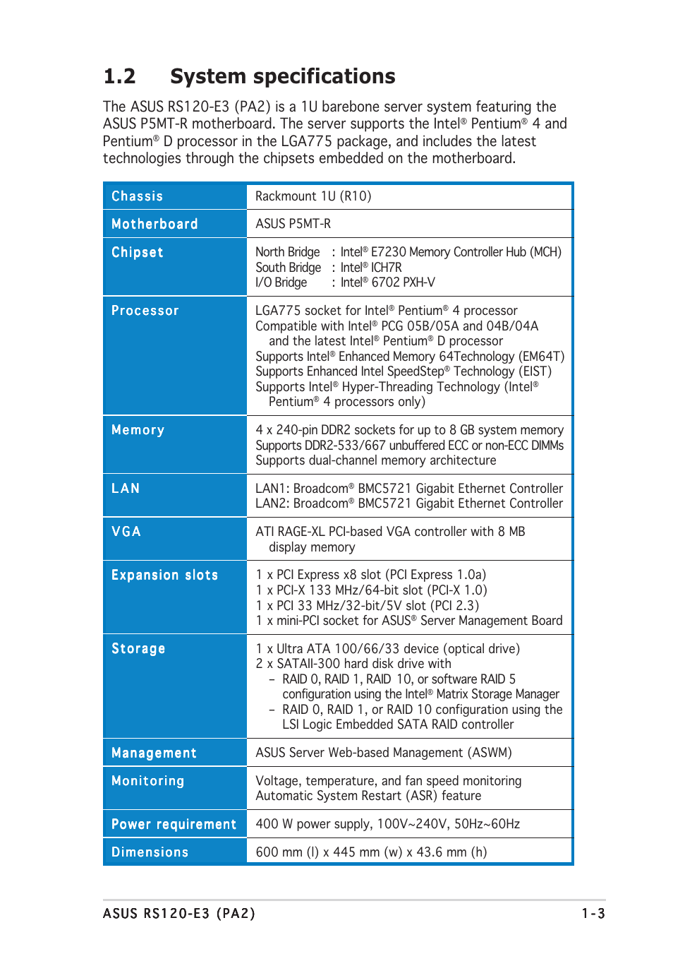 2 system specifications, Pentium, 4 and pentium | Asus RS120-E3/PA2 User Manual | Page 13 / 168