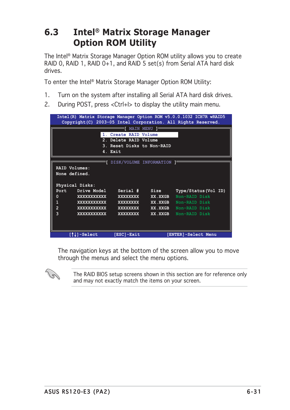 3 intel, Matrix storage manager option rom utility | Asus RS120-E3/PA2 User Manual | Page 135 / 168