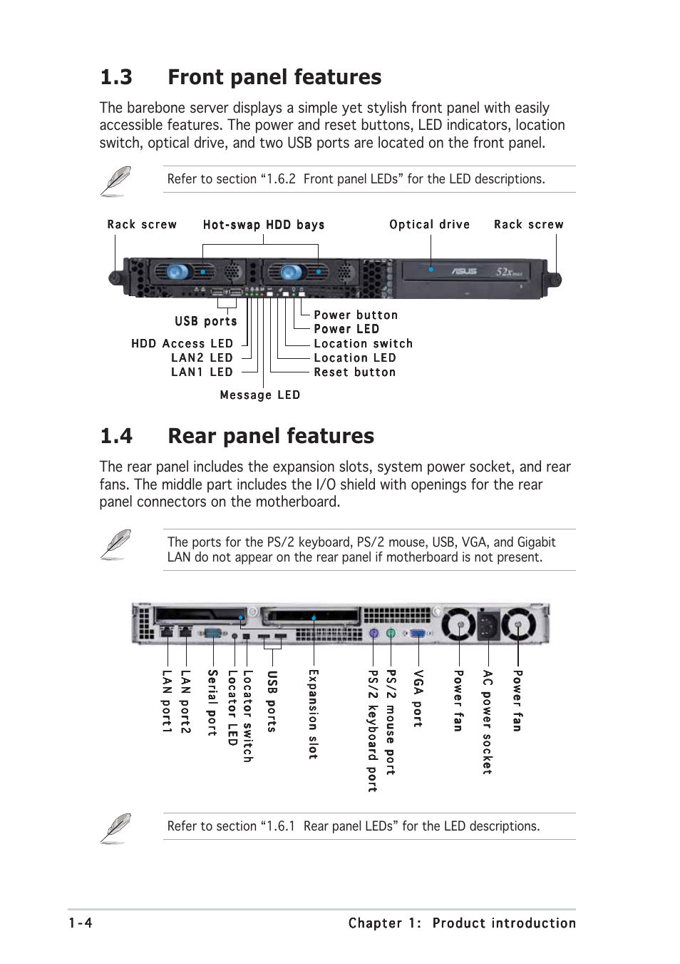 4 rear panel features, 3 front panel features | Asus RS120-E3/PA2 User Manual | Page 14 / 168