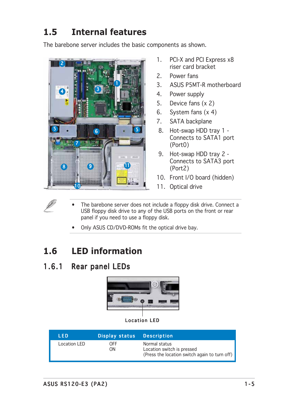 5 internal features, 6 led information | Asus RS120-E3/PA2 User Manual | Page 15 / 168