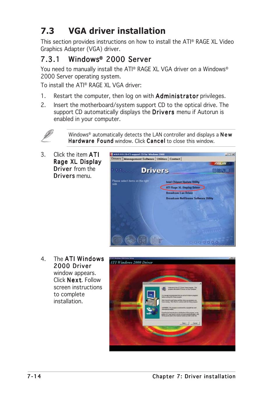 3 vga driver installation, 1 windows windows windows windows windows, 2000 server | Asus RS120-E3/PA2 User Manual | Page 158 / 168