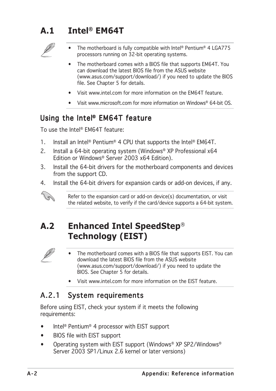 A.1 intel, Em64t, A.2 enhanced intel speedstep | Technology (eist), Using the intel, Em64t feature, A.2.1 | Asus RS120-E3/PA2 User Manual | Page 164 / 168