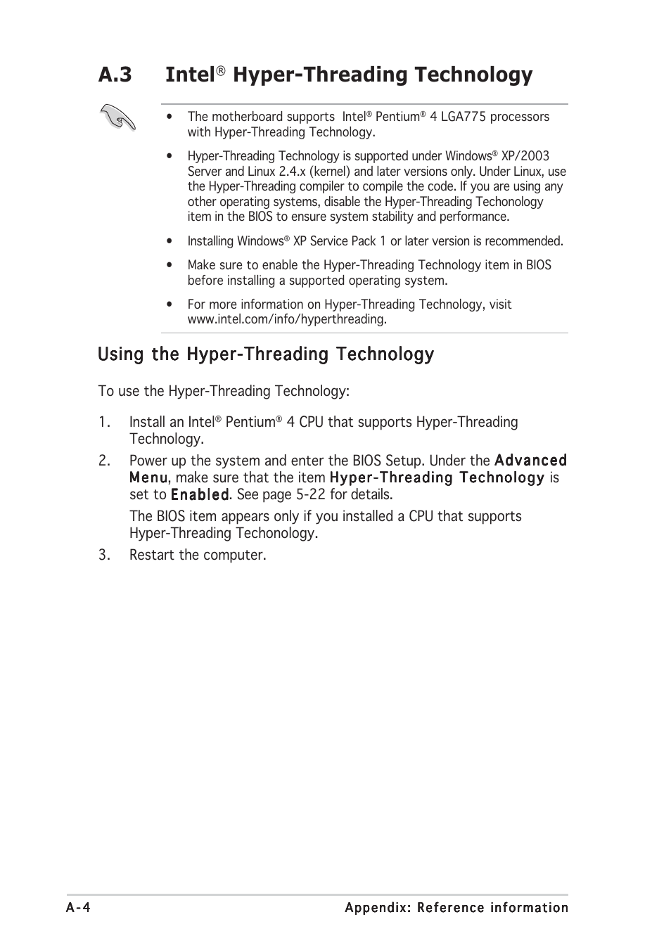 A.3 intel, Hyper-threading technology, Using the hyper-threading technology | Asus RS120-E3/PA2 User Manual | Page 166 / 168