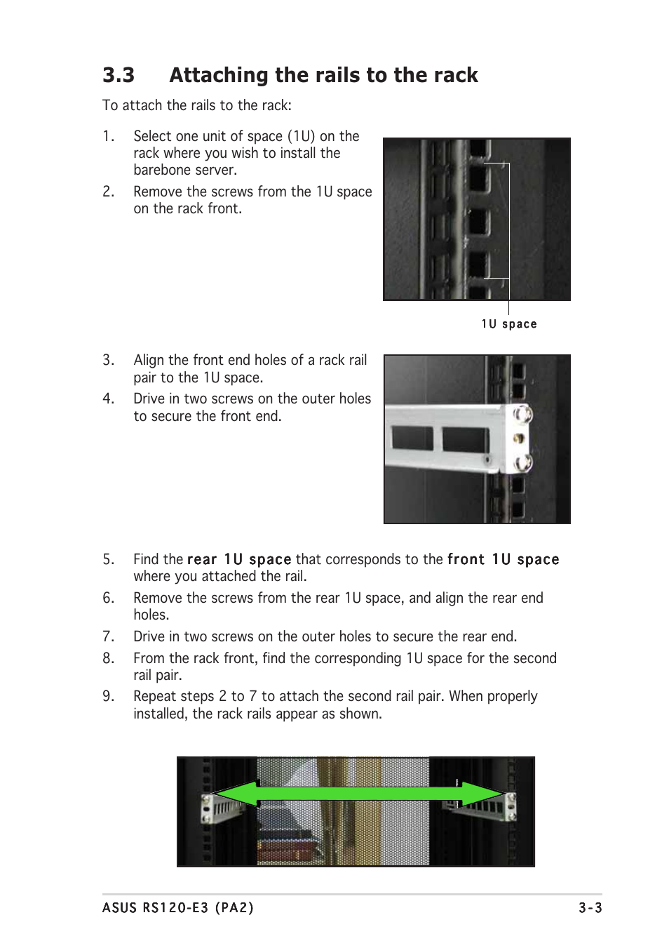 3 attaching the rails to the rack | Asus RS120-E3/PA2 User Manual | Page 45 / 168