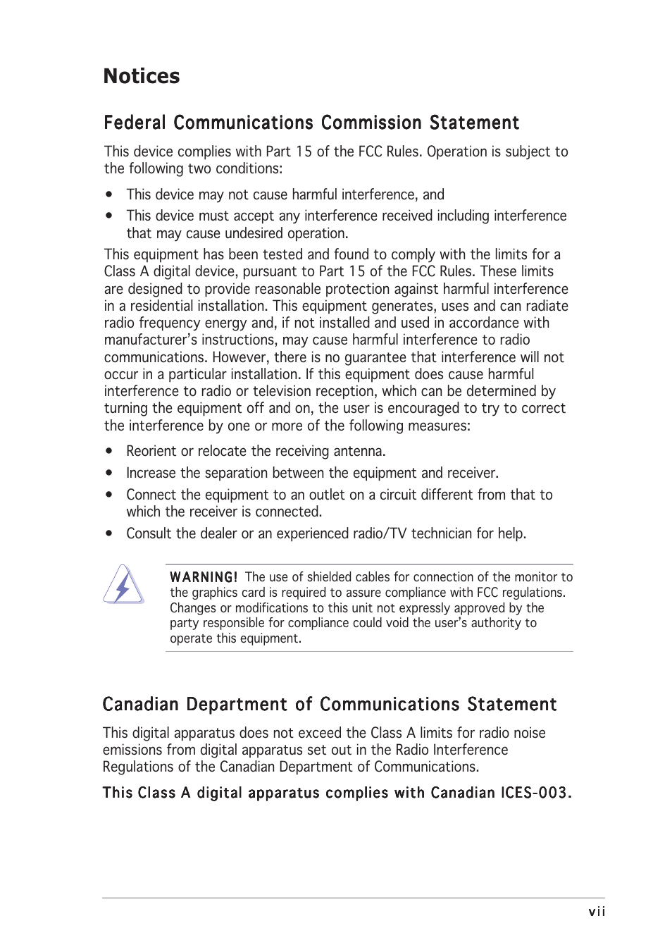 Notices, Federal communications commission statement, Canadian department of communications statement | Asus RS120-E3/PA2 User Manual | Page 7 / 168