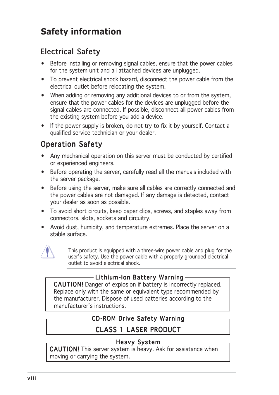 Safety information | Asus RS120-E3/PA2 User Manual | Page 8 / 168