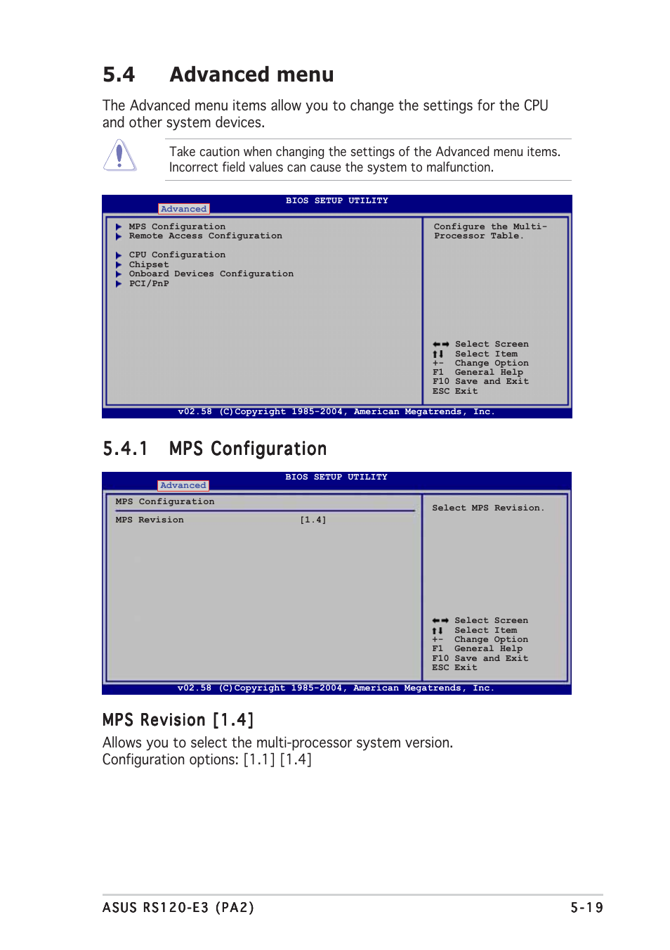 4 advanced menu, Mps revision [1.4 | Asus RS120-E3/PA2 User Manual | Page 83 / 168