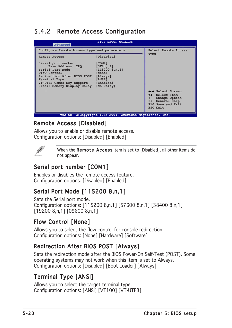 Remote access [disabled, Serial port number [com1, Flow control [none | Redirection after bios post [always, Terminal type [ansi | Asus RS120-E3/PA2 User Manual | Page 84 / 168