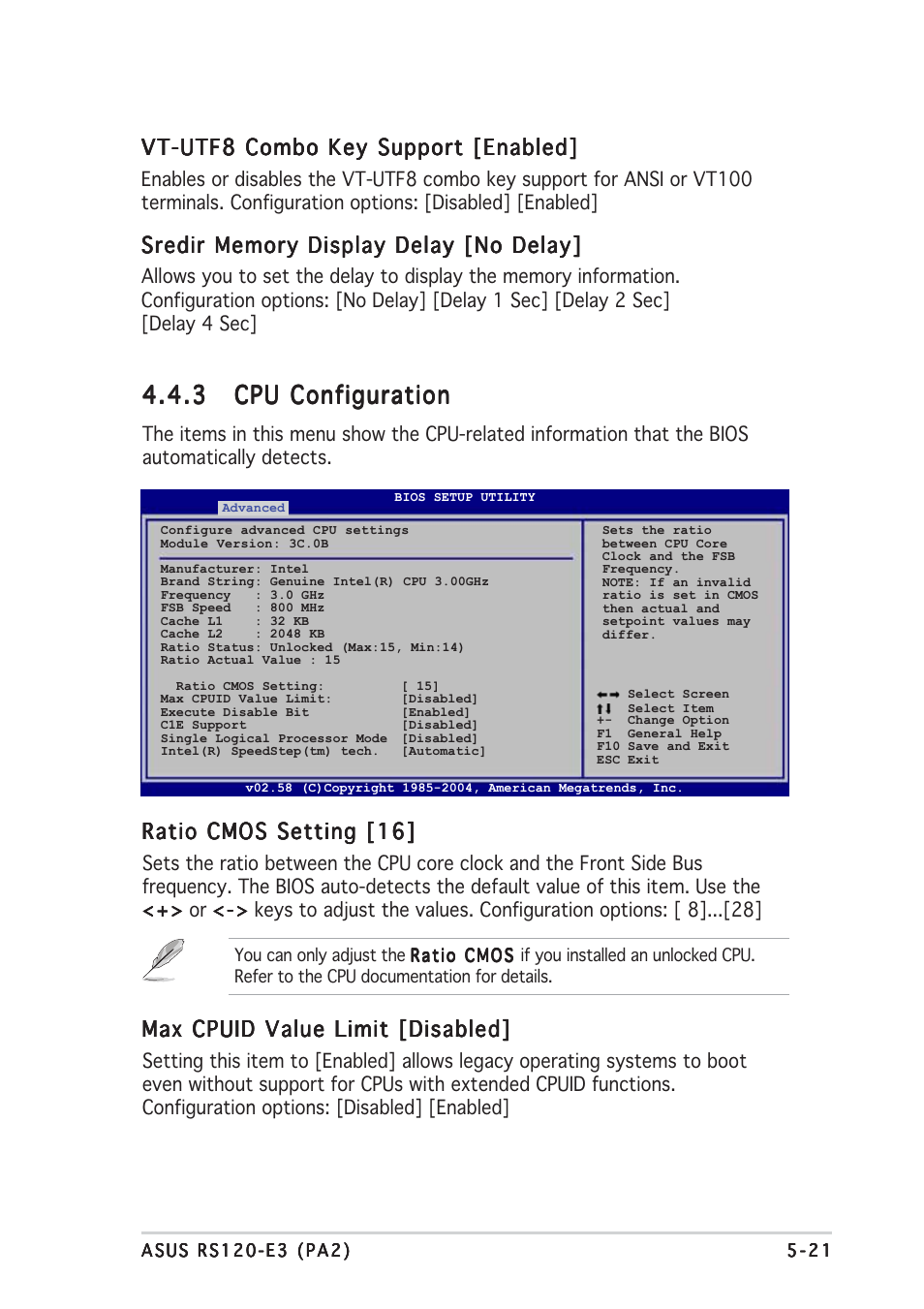 Ratio cmos setting [16, Max cpuid value limit [disabled, Vt-utf8 combo key support [enabled | Asus RS120-E3/PA2 User Manual | Page 85 / 168