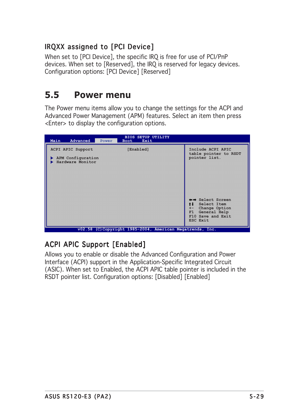 5 power menu, Irqxx assigned to [pci device, Acpi apic support [enabled | Asus RS120-E3/PA2 User Manual | Page 93 / 168