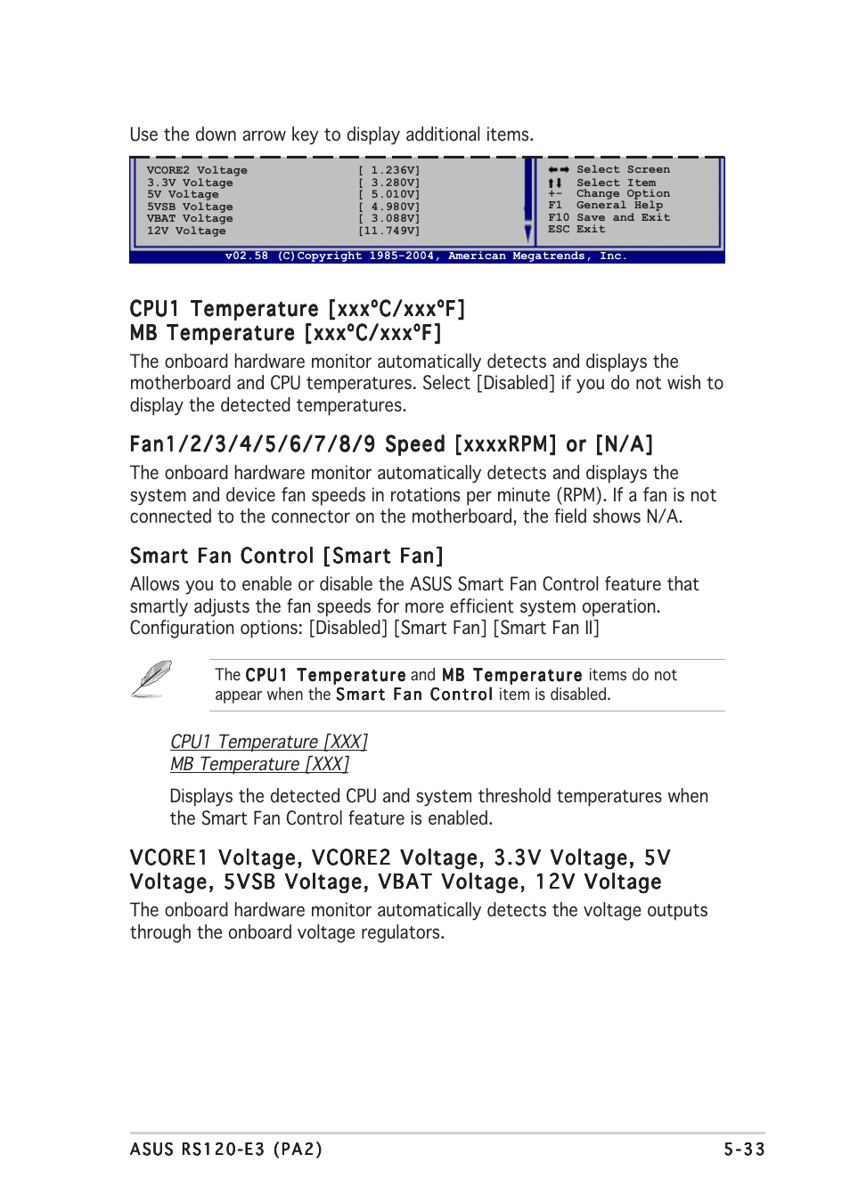 Cpu1 temperature [xxxºc/xxxºf, Smart fan control [smart fan | Asus RS120-E3/PA2 User Manual | Page 97 / 168