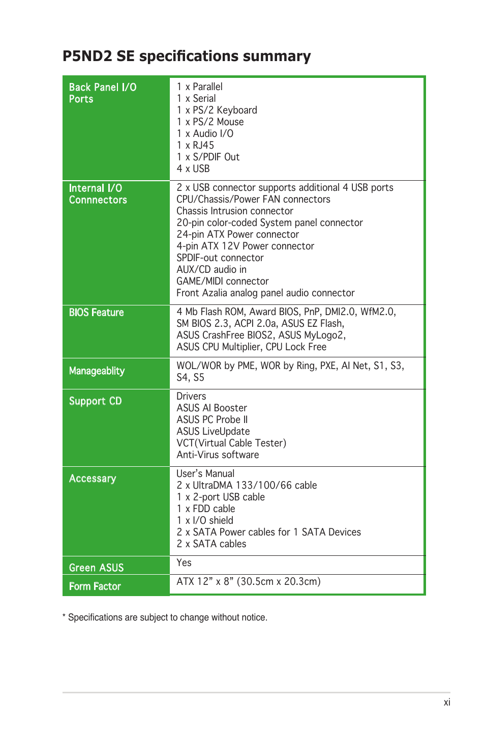 P5nd2 se specifications summary | Asus P5ND2 SE User Manual | Page 11 / 100