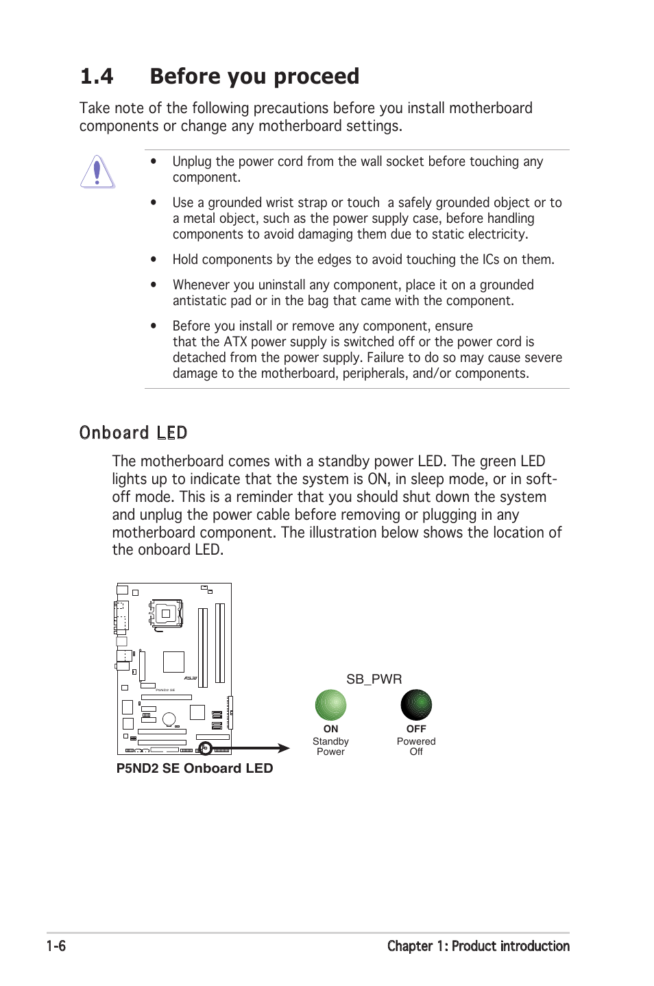4 before you proceed, Onboard led | Asus P5ND2 SE User Manual | Page 18 / 100