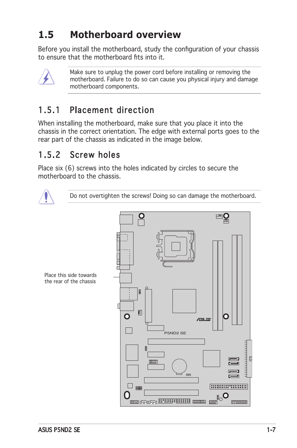 5 motherboard overview, 1 placement direction, 2 screw holes | Asus P5ND2 SE User Manual | Page 19 / 100