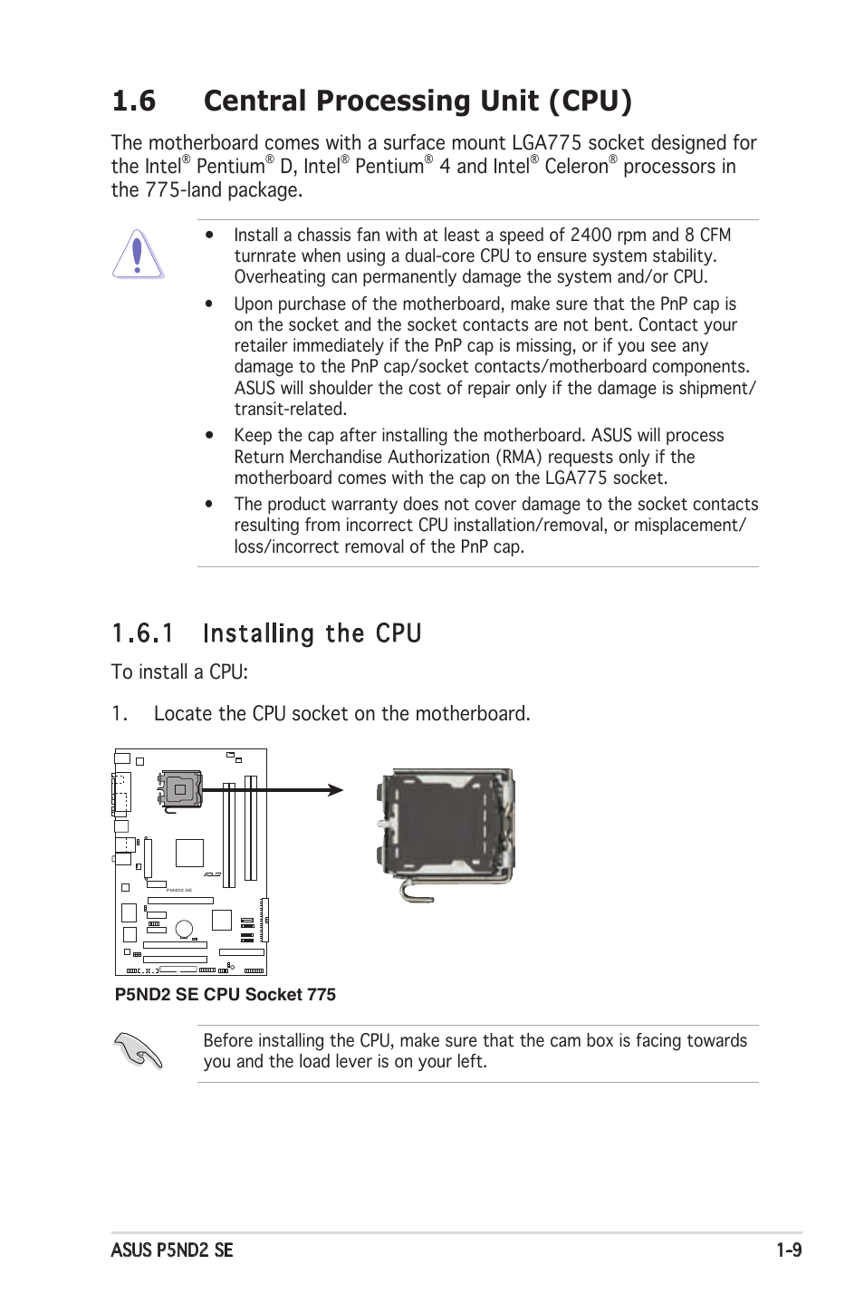 6 central processing unit (cpu), 1 installing the cpu | Asus P5ND2 SE User Manual | Page 21 / 100