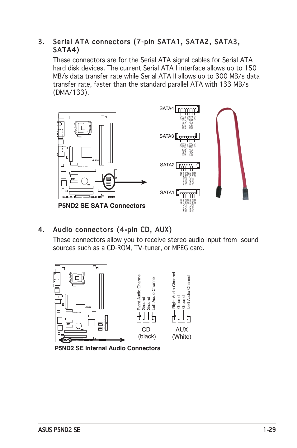 P5nd2 se sata connectors, P5nd2 se internal audio connectors aux (white), Cd (black) | Sata3, Sata4, Sata2, Sata1 | Asus P5ND2 SE User Manual | Page 41 / 100