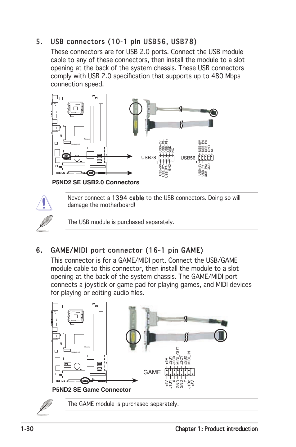 30 chapter 1: product introduction, P5nd2 se usb2.0 connectors, P5nd2 se game connector game | Asus P5ND2 SE User Manual | Page 42 / 100