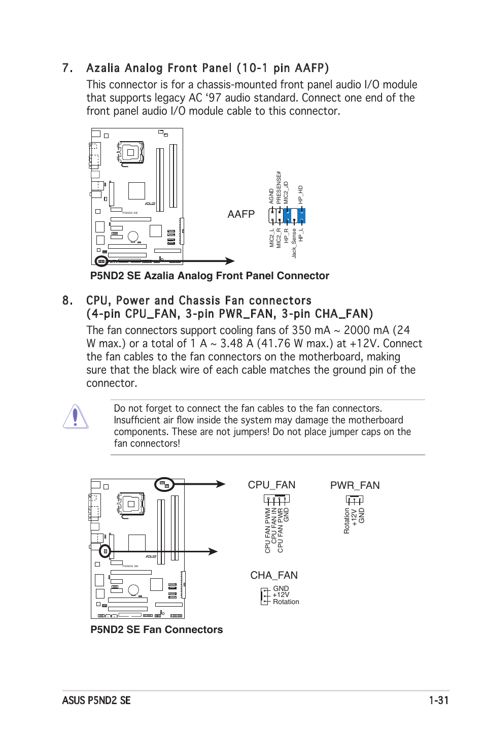 P5nd2 se azalia analog front panel connector, Aafp, P5nd2 se fan connectors cpu_fan | Pwr_fan, Cha_fan | Asus P5ND2 SE User Manual | Page 43 / 100