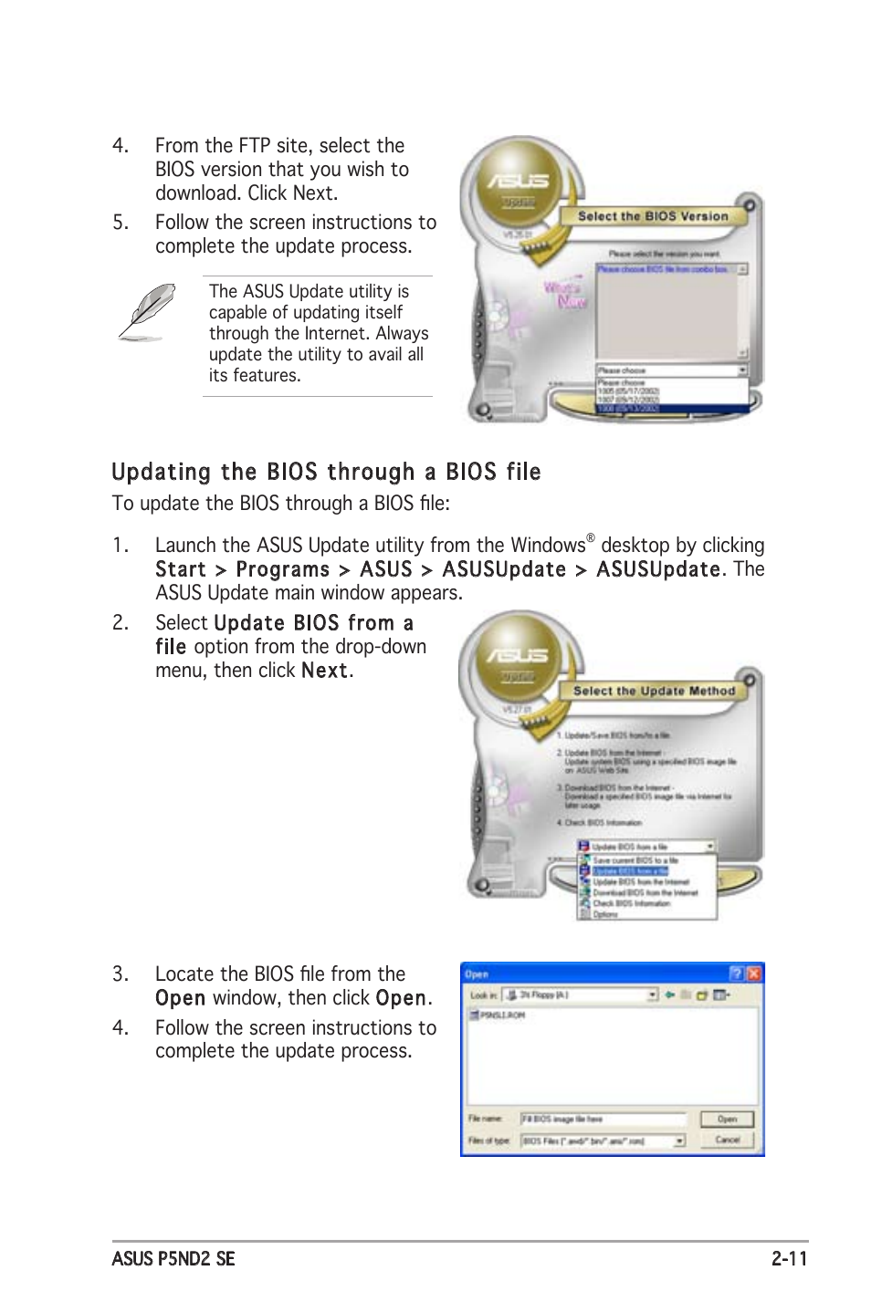 Updating the bios through a bios file | Asus P5ND2 SE User Manual | Page 57 / 100