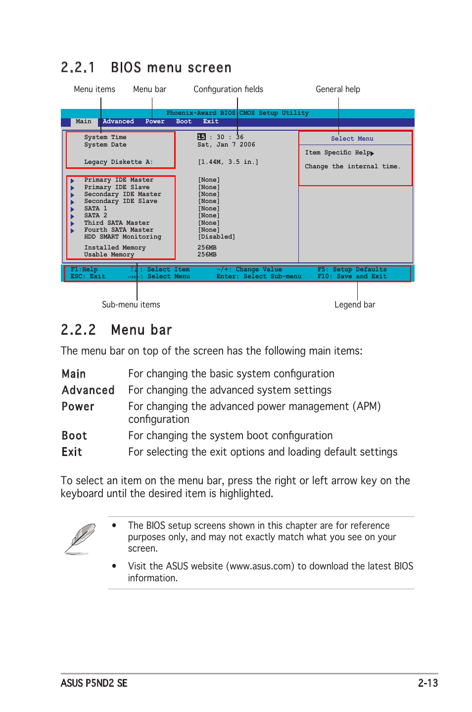 2 menu bar, 1 bios menu screen | Asus P5ND2 SE User Manual | Page 59 / 100