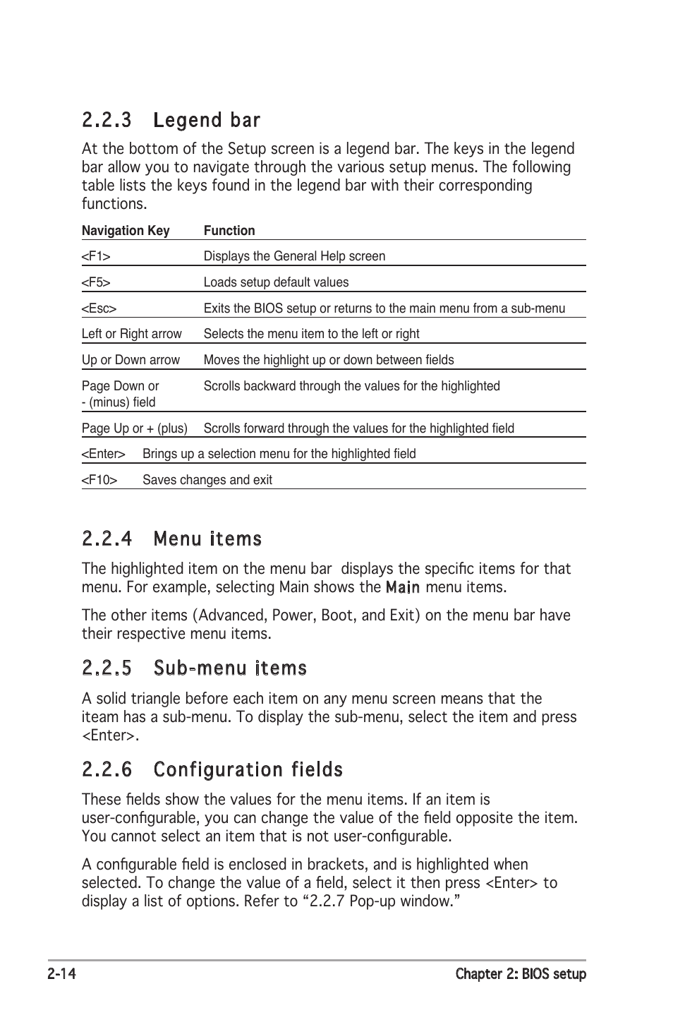 4 menu items, 5 sub-menu items, 6 configuration fields | 3 legend bar | Asus P5ND2 SE User Manual | Page 60 / 100