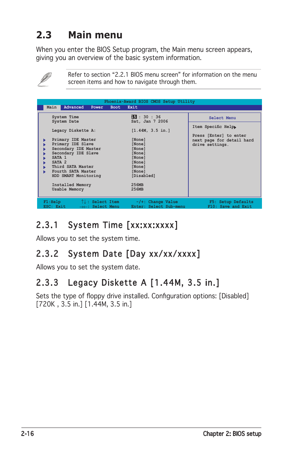 3 main menu, Allows you to set the system time, Allows you to set the system date | Asus P5ND2 SE User Manual | Page 62 / 100