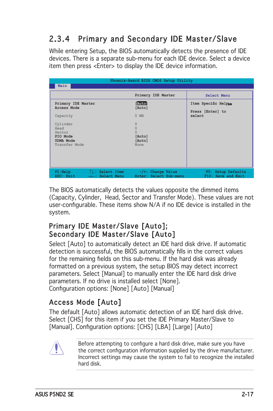 4 primary and secondary ide master/slave, Access mode [auto | Asus P5ND2 SE User Manual | Page 63 / 100