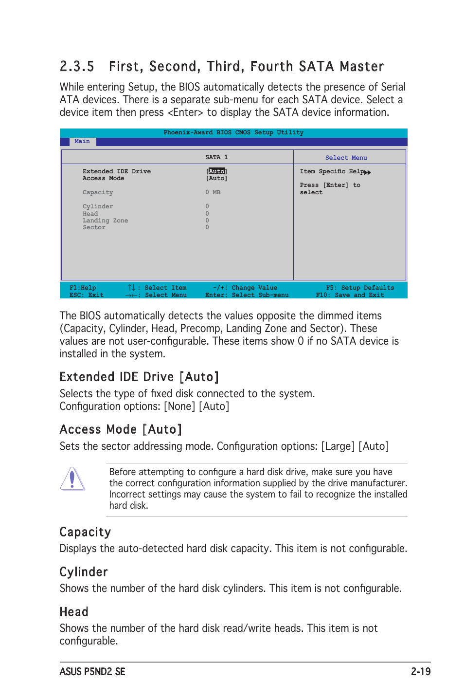 5 first, second, third, fourth sata master, Extended ide drive [auto, Access mode [auto | Capacity, Cylinder, Head | Asus P5ND2 SE User Manual | Page 65 / 100