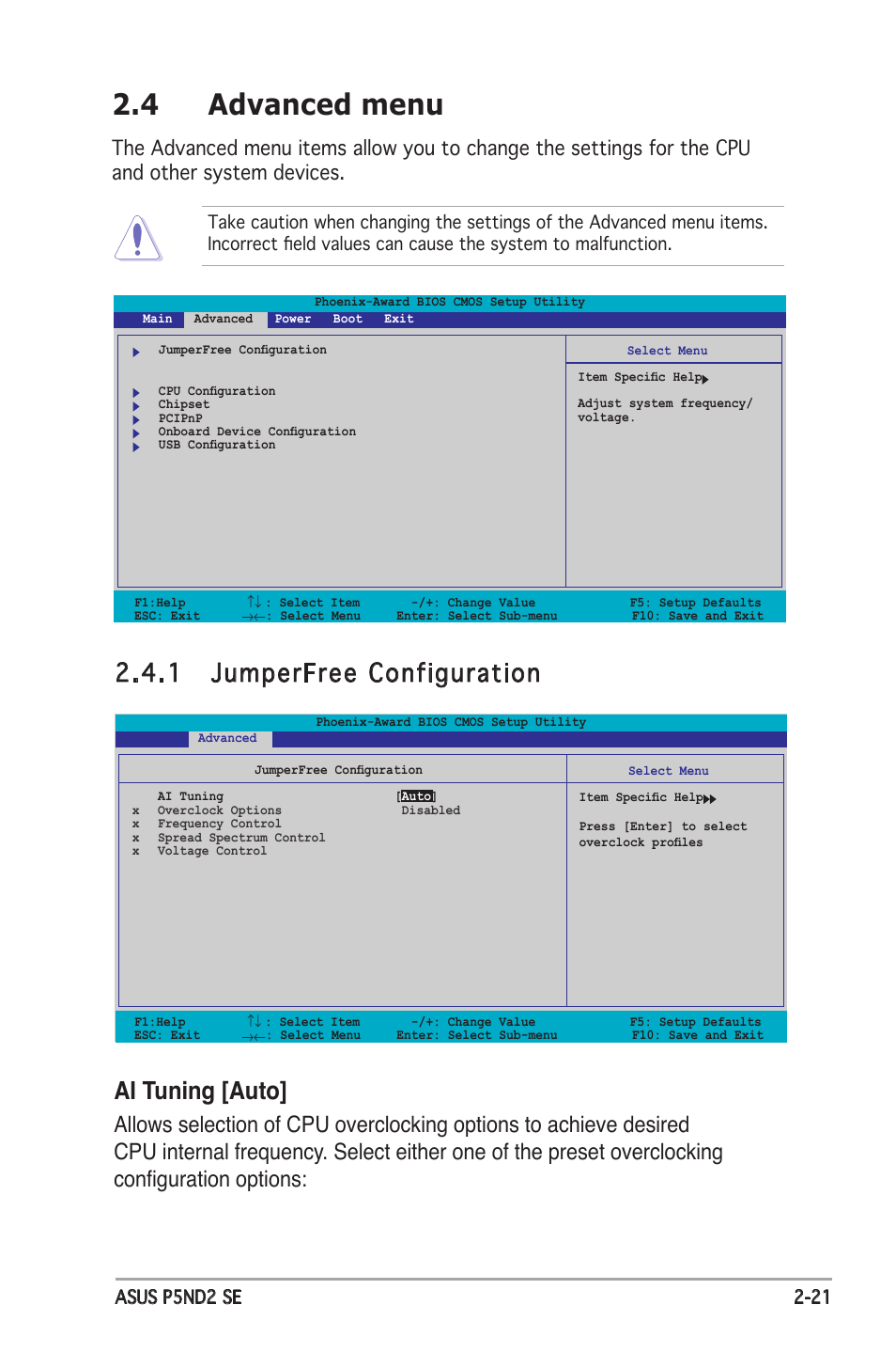 4 advanced menu, 1 jumperfree configuration, Ai tuning [auto | Asus P5ND2 SE User Manual | Page 67 / 100