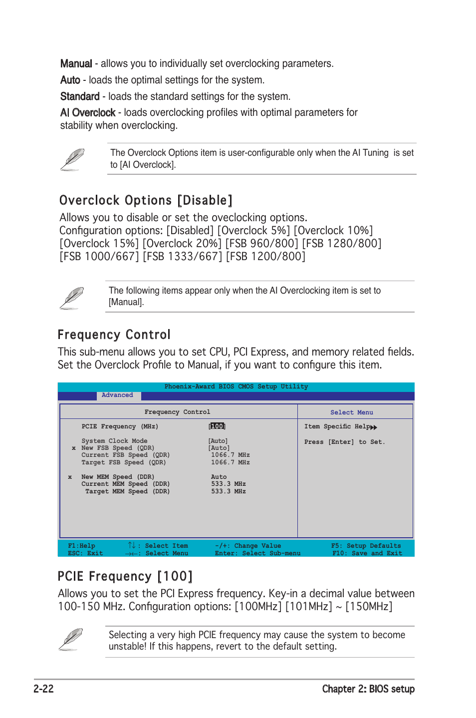 Frequency control, Pcie frequency [100, Overclock options [disable | Asus P5ND2 SE User Manual | Page 68 / 100